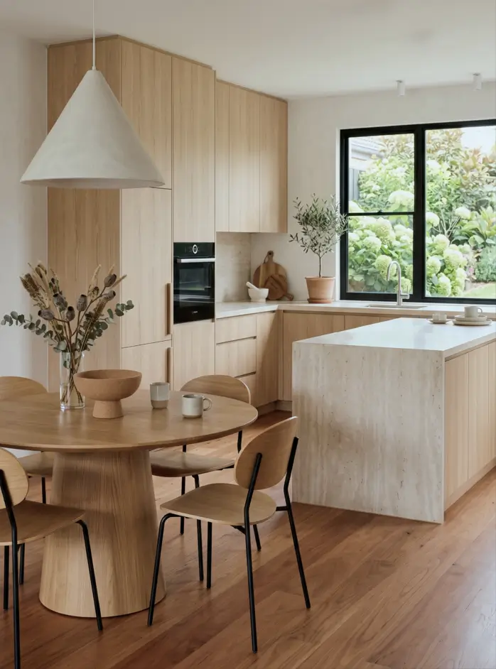 Japandi Kitchen: The Calm, Warm Look I Keep Coming Back To 18 Japandi kitchen with a round oak dining table, travertine island, pale cabinets, and a plaster pendant
