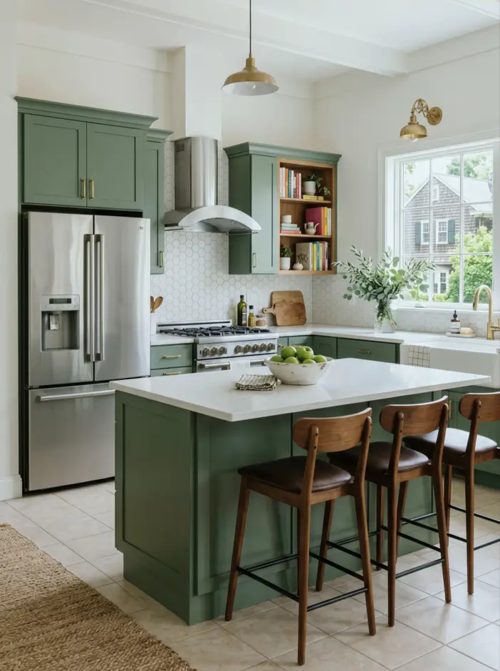 Colonial Style Kitchen: 26 Timeless Ideas, Cabinets & Designs 18 Modern colonial kitchen with sage green Shaker cabinets, brass hardware, an apron sink, and an island