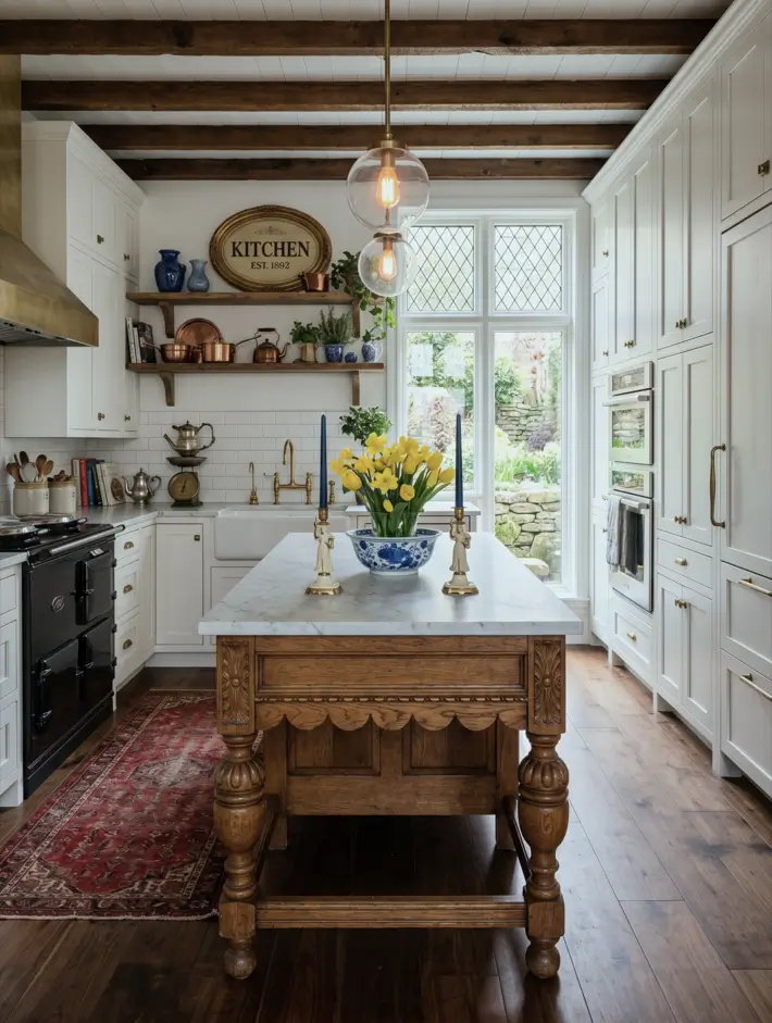 Victorian Kitchen Design: 40 Ideas a Designer Actually Loves 18 Victorian farmhouse kitchen with carved oak island, black range cooker, farmhouse sink, leaded diamond window, and copper cookware