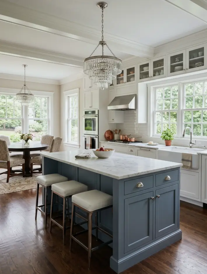 Colonial Style Kitchen: 26 Timeless Ideas, Cabinets & Designs 19 American Colonial kitchen with glass-front upper cabinets, cream cabinetry, a slate-blue island, and marble counters