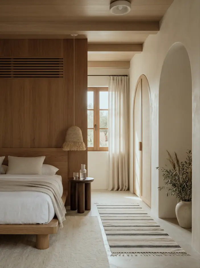Japandi Style Bedroom: 33 Calm, Warm Ideas a Designer Loves 19 Japandi bedroom with oak panel wall, low platform bed, raffia pendant, arched cane wardrobe, and olive branches