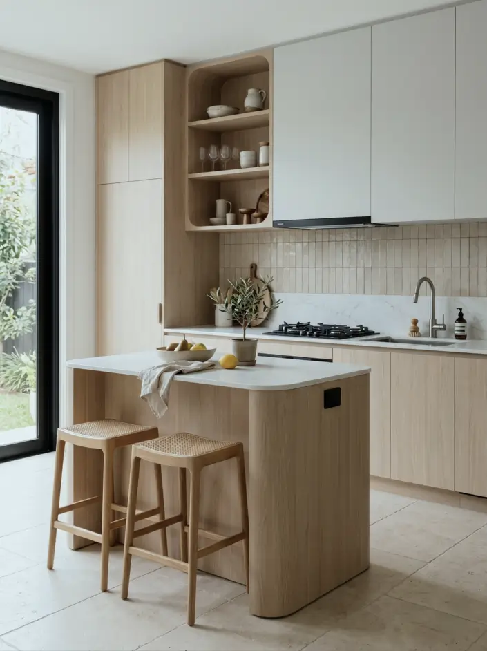 Japandi Kitchen: The Calm, Warm Look I Keep Coming Back To 19 Compact kitchen with a rounded open-shelf niche, pale oak island, white uppers, and cane stools