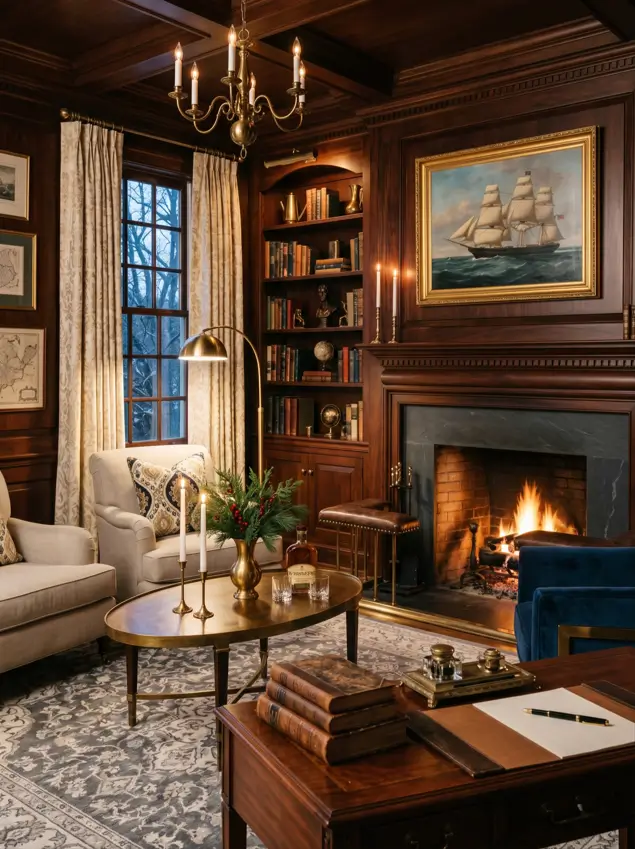 Colonial Interior Design Style: American vs. British (33 Real-Home Ideas) 19 American Colonial study with mahogany paneling, built-in bookcases, leather-topped desk, and maritime painting