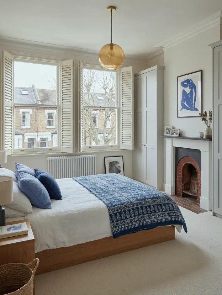 Victorian Style Bedroom: 30 Ideas for Romance Without the Heaviness 19 Modern Victorian style bedroom with exposed red-brick fireplace arch, white surround, shuttered sash windows, and indigo throw