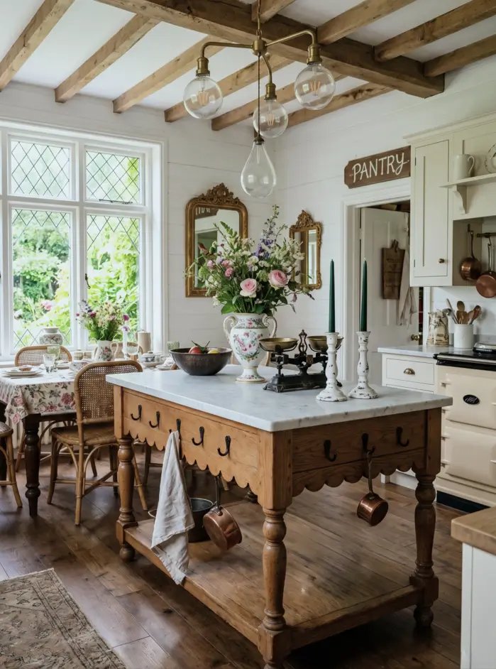 Victorian Kitchen Design: 40 Ideas a Designer Actually Loves 19 Victorian country kitchen with carved oak marble-topped island, iron butcher's hooks holding copper pans, leaded windows, and gilt mirrors