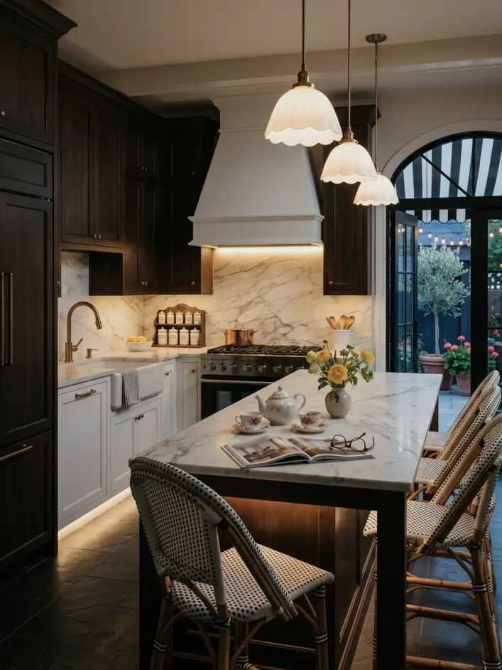 Colonial Style Kitchen: 26 Timeless Ideas, Cabinets & Designs 20 Colonial kitchen with dark walnut cabinetry, a marble slab backsplash, a plaster hood, and aged brass fixtures
