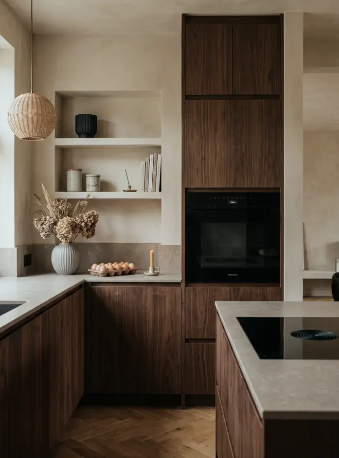 Japandi Kitchen: The Calm, Warm Look I Keep Coming Back To 20 Walnut kitchen with handleless cabinets, plaster walls, recessed niche shelving, and stone counters