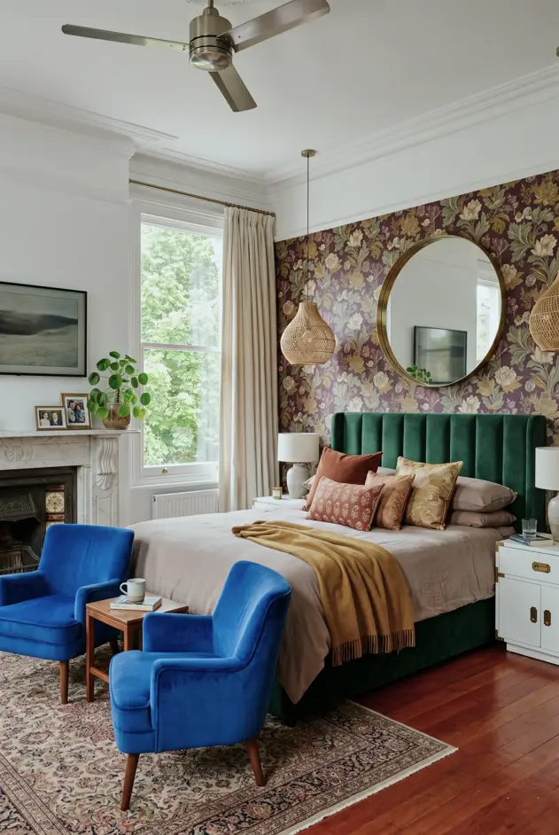 Victorian Style Bedroom: 30 Ideas for Romance Without the Heaviness 20 Modern Victorian style bedroom with plum William Morris acanthus wallpaper, marble fireplace, green velvet bed, and cobalt velvet chairs