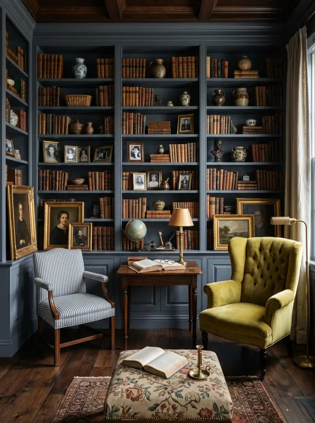 Colonial Interior Design Style: American vs. British (33 Real-Home Ideas) 20 American Colonial library with slate blue built-in bookcases, leather-bound books, gilt-framed portraits, and mahogany coffered ceiling