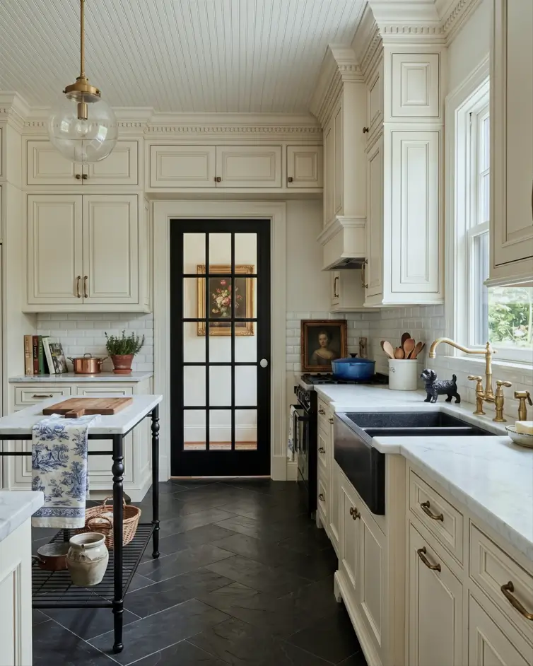 Victorian Kitchen Design: 40 Ideas a Designer Actually Loves 20 Cream Victorian kitchen with marble-topped metal baker's table island, raised-panel cabinets, dentil molding, and slate herringbone floor