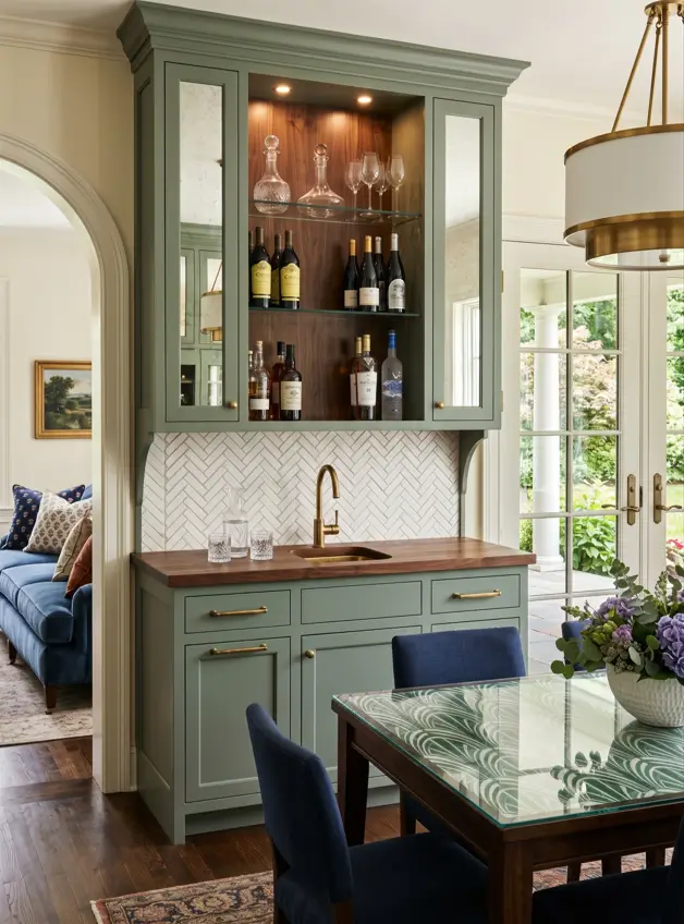 Colonial Interior Design Style: American vs. British (33 Real-Home Ideas) 21 American Colonial built-in wet bar with sage green cabinetry, antiqued mirror doors, walnut counter, and herringbone tile