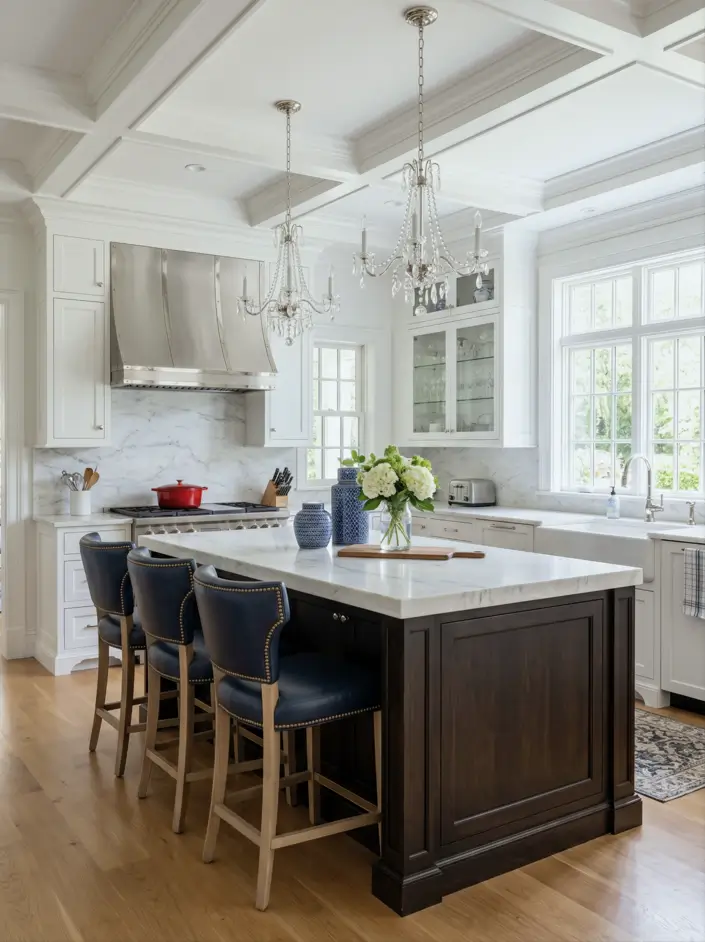Colonial Style Kitchen: 26 Timeless Ideas, Cabinets & Designs 21 American Colonial kitchen with a coffered ceiling, white cabinets, marble counters, and a dark walnut island