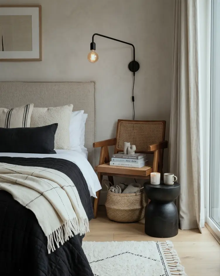 Japandi Style Bedroom: 33 Calm, Warm Ideas a Designer Loves 21 Japandi bedroom with linen headboard, charcoal quilt, caned chair nightstand, and black turned stool
