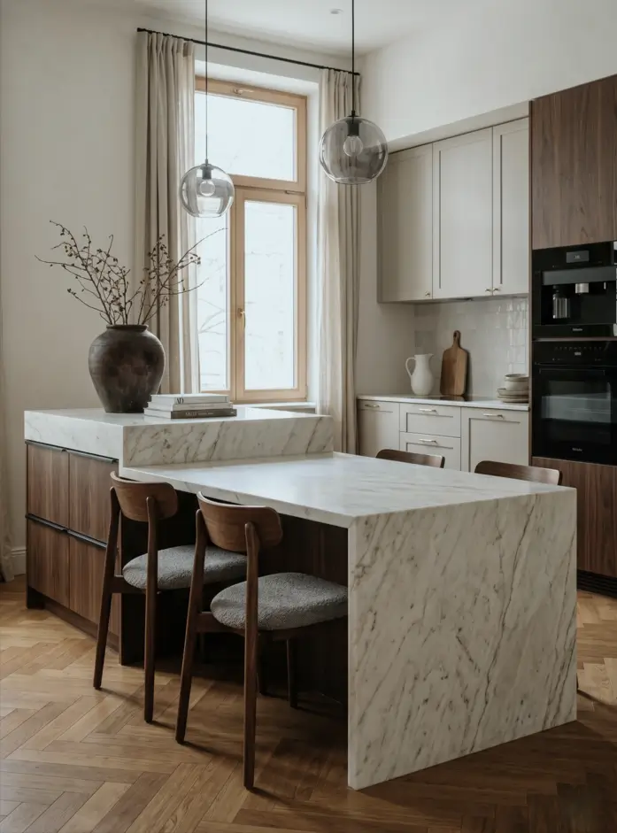 Japandi Kitchen: The Calm, Warm Look I Keep Coming Back To 21 Japandi kitchen with a marble waterfall island, walnut cabinets, greige uppers, and glass globe pendants