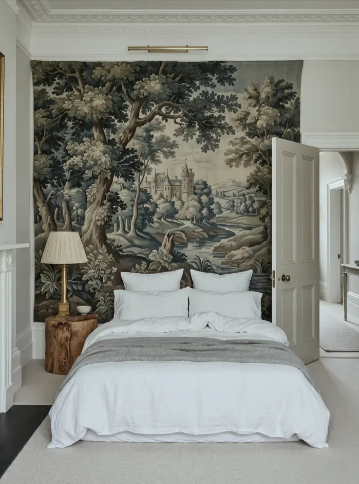 Victorian Style Bedroom: 30 Ideas for Romance Without the Heaviness 21 Modern Victorian style bedroom with large verdure landscape tapestry, brass picture light, panelled walls, and white linen bedding