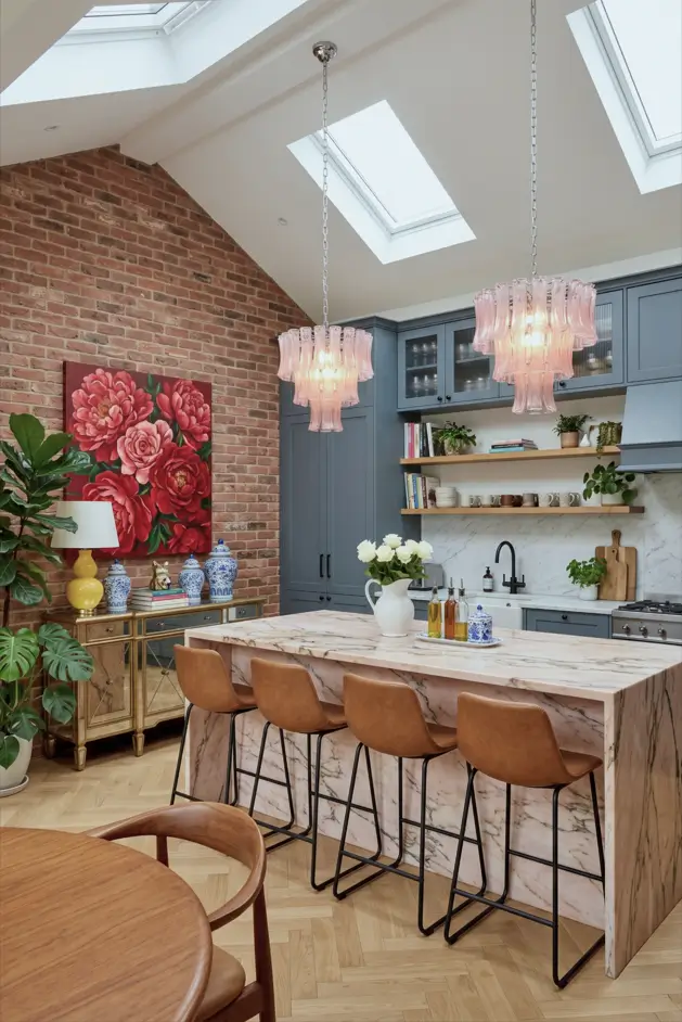 Victorian Kitchen Design: 40 Ideas a Designer Actually Loves 21 Eclectic Victorian kitchen with pink marble waterfall island, blue-grey cabinets, reeded glass fronts, and blue and white ginger jars