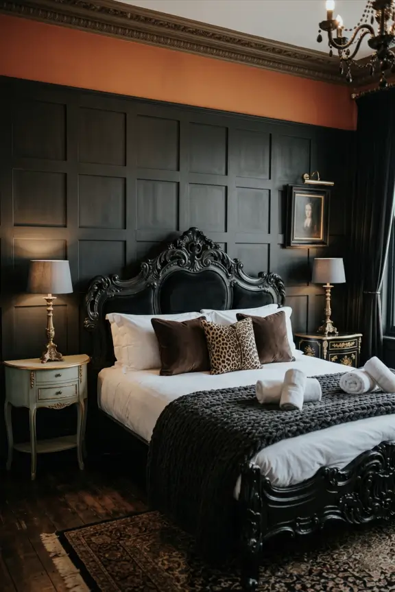 Victorian Style Bedroom: 30 Ideas for Romance Without the Heaviness 4 Dark Victorian style bedroom with carved black Rococo bed, black panelled walls, antique portrait, and gilt lamps