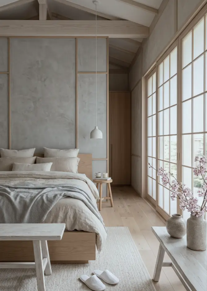 Japandi Style Bedroom: 33 Calm, Warm Ideas a Designer Loves 4 Japandi bedroom with shoji screens, timber beams, low oak bed, linen bedding, and cherry blossom branches