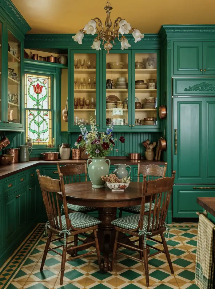 Victorian Kitchen Design: 40 Ideas a Designer Actually Loves 4 Victorian style kitchen with floor-to-ceiling emerald green glass-front display cabinets, brass chandelier, and checkerboard floor