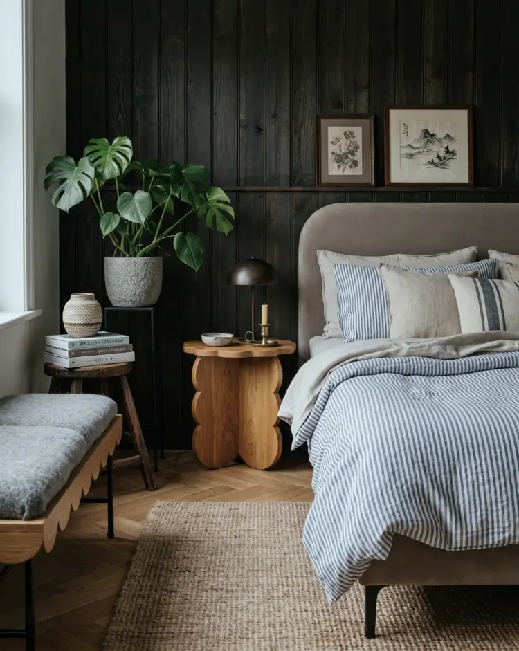 Japandi Style Bedroom: 33 Calm, Warm Ideas a Designer Loves 22 Dark Japandi bedroom with stained plank wall, taupe headboard, blue striped linen, and monstera plant