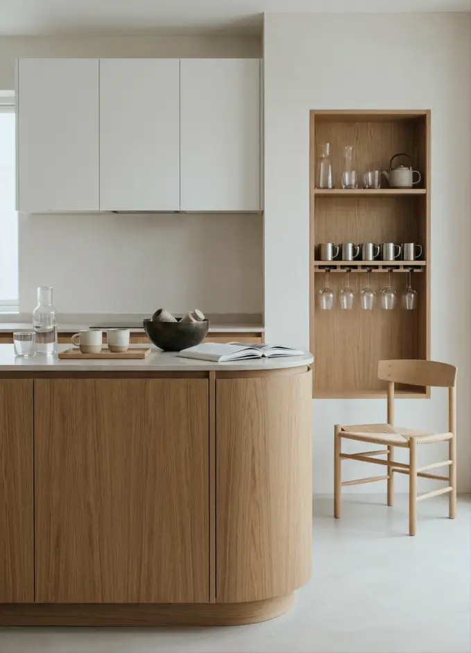 Japandi Kitchen: The Calm, Warm Look I Keep Coming Back To 22 Built-in oak wine and glass niche beside a curved pale oak island and a paper-cord chair