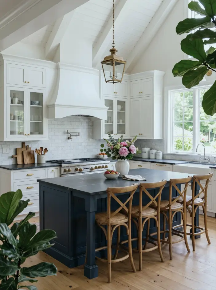 Colonial Style Kitchen: 26 Timeless Ideas, Cabinets & Designs 22 Modern colonial kitchen with a navy island, cream cabinets, a plaster hood, and a marble subway backsplash