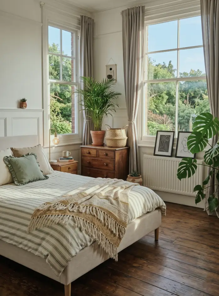 Victorian Style Bedroom: 30 Ideas for Romance Without the Heaviness 22 Modern Victorian style bedroom with white wall panelling, antique wood chests, cast-iron radiator, and striped linen bedding