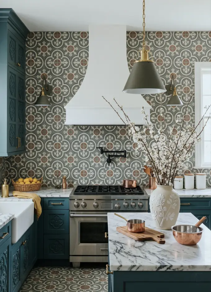 Victorian Kitchen Design: 40 Ideas a Designer Actually Loves 22 Victorian style kitchen with patterned encaustic tile floor and backsplash, teal carved cabinets, plaster hood, and copper cookware