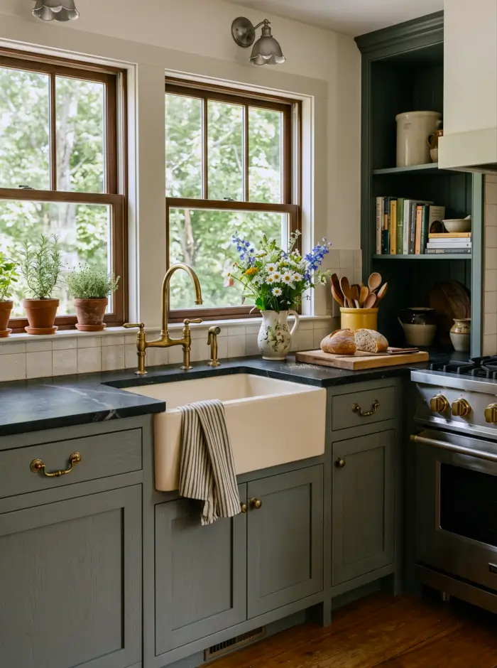 Colonial Style Kitchen: 26 Timeless Ideas, Cabinets & Designs 23 Colonial kitchen with an unlacquered brass bridge faucet, green Shaker cabinets, an apron sink, and soapstone counters