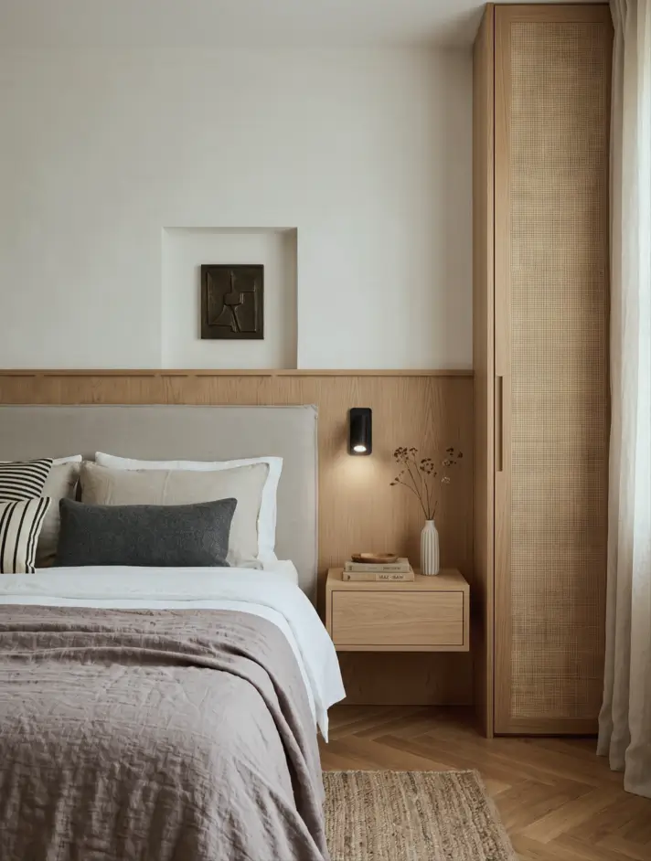 Japandi Style Bedroom: 33 Calm, Warm Ideas a Designer Loves 23 Japandi bedroom with oak wainscot wall, caned wardrobe, floating nightstand, and mauve linen bedding