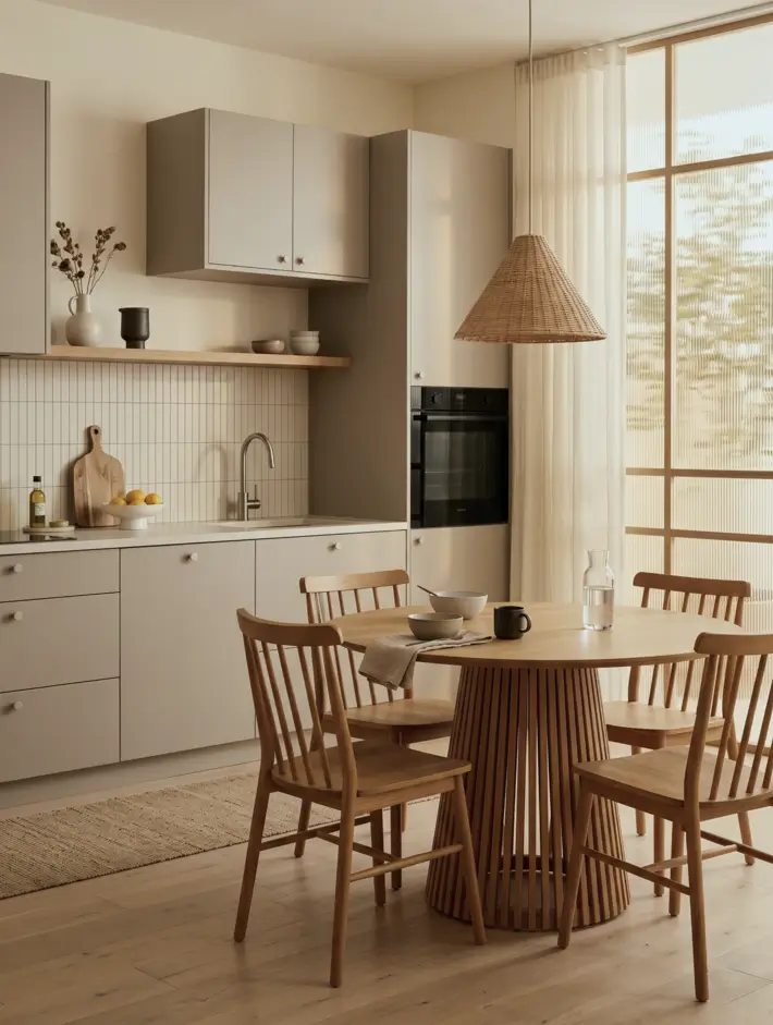 Japandi Kitchen: The Calm, Warm Look I Keep Coming Back To 23 Soft greige cabinets with white stacked tile, an oak shelf, and a slatted dining table