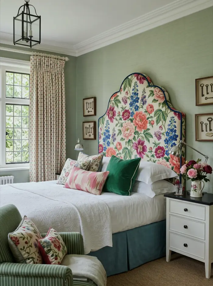 Victorian Style Bedroom: 30 Ideas for Romance Without the Heaviness 23 Victorian style bedroom with arched floral chintz headboard, green grass-cloth walls, and framed antique keys