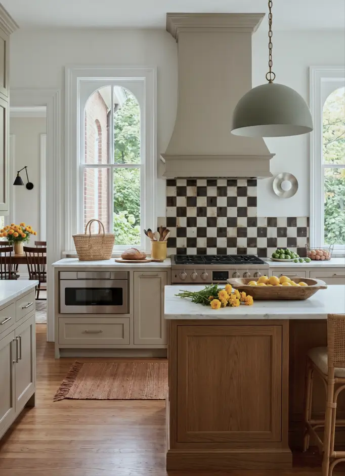 Victorian Kitchen Design: 40 Ideas a Designer Actually Loves 23 Modern Victorian kitchen with black and white checkerboard tile backsplash, plaster hood, arched windows, and marble counters