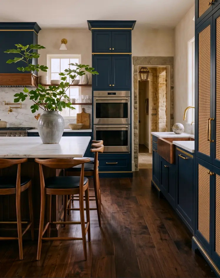 Colonial Style Kitchen: 26 Timeless Ideas, Cabinets & Designs 24 Colonial kitchen with a hammered copper farmhouse sink, navy cabinets, marble counters, and brass fixtures