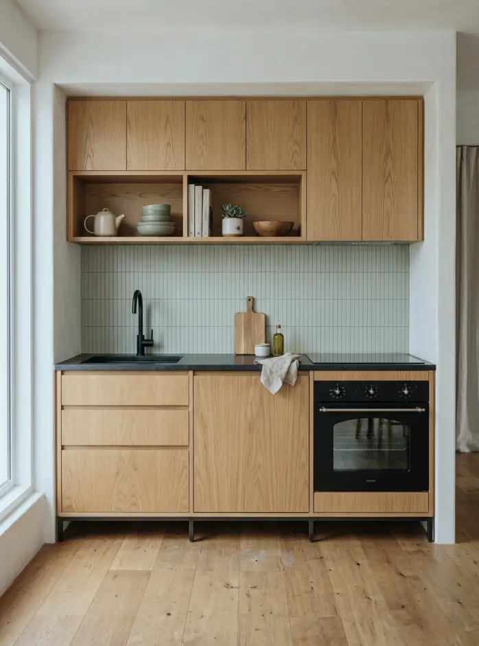 Japandi Kitchen: The Calm, Warm Look I Keep Coming Back To 24 Japandi kitchen with a sage green stacked-tile backsplash, oak cabinets, dark stone, and a black tap