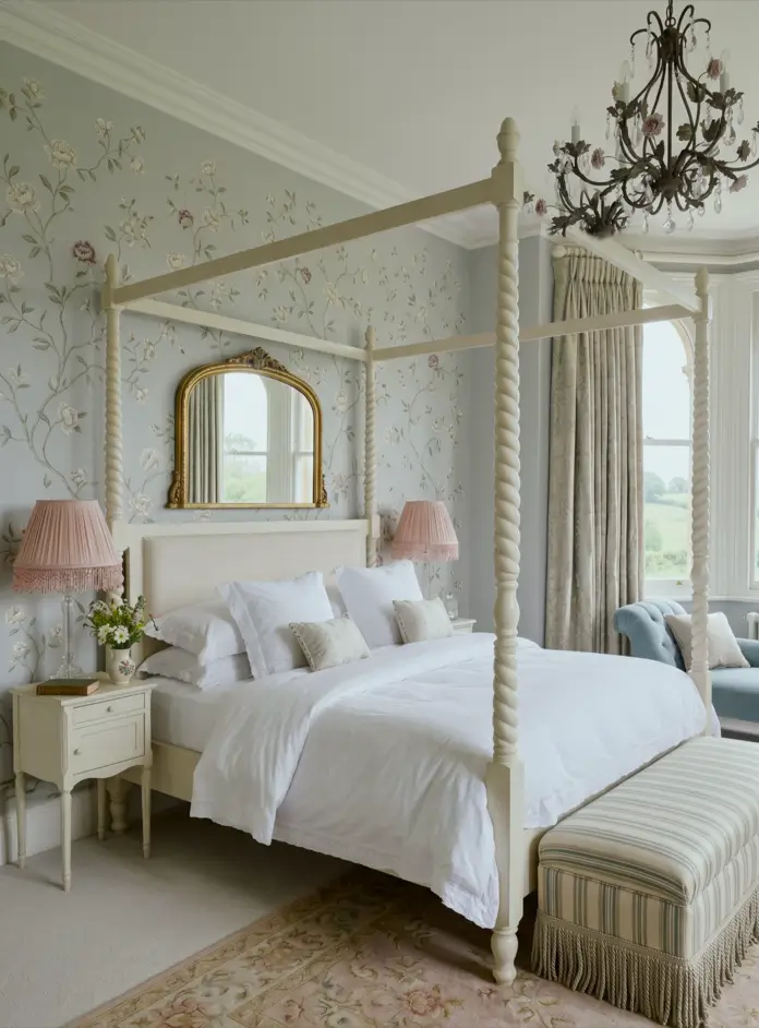 Victorian Style Bedroom: 30 Ideas for Romance Without the Heaviness 24 Victorian style bedroom with cream barley-twist four-poster bed, floral wallpaper, fringed pink lampshades, and gilt arched mirror