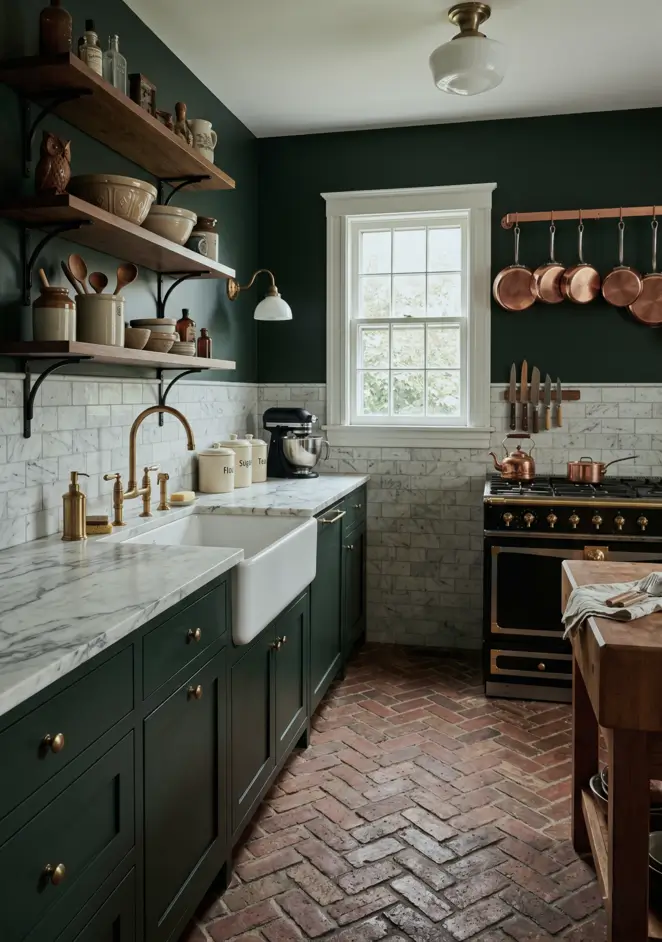 Victorian Kitchen Design: 40 Ideas a Designer Actually Loves 24 Victorian kitchen with herringbone brick floor, dark green cabinets, marble subway tile wainscot, copper pot rail, and black range cooker