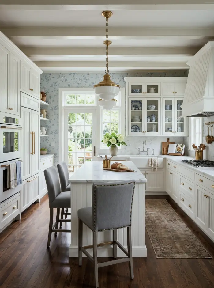 Colonial Style Kitchen: 26 Timeless Ideas, Cabinets & Designs 25 American Colonial kitchen with blue floral wallpaper, cream beadboard cabinets, glass-front uppers, and a marble island