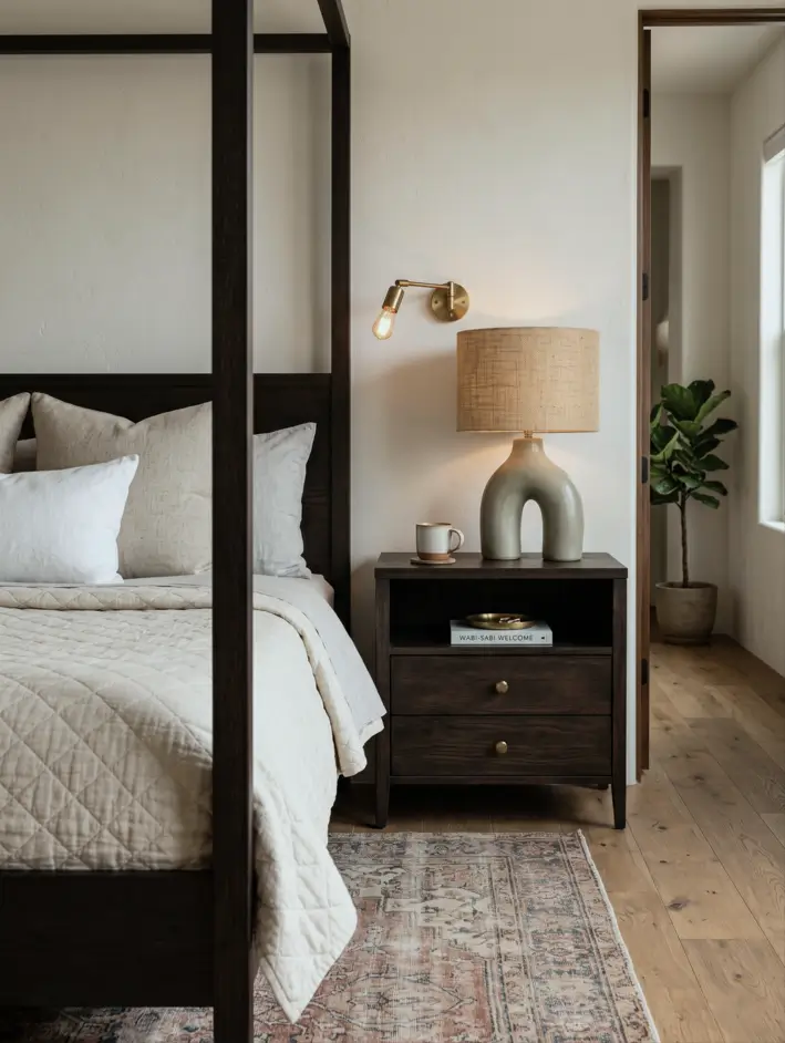 Japandi Style Bedroom: 33 Calm, Warm Ideas a Designer Loves 25 Japandi bedroom with dark four-poster canopy frame, espresso nightstand, sage ceramic lamp, and vintage rug