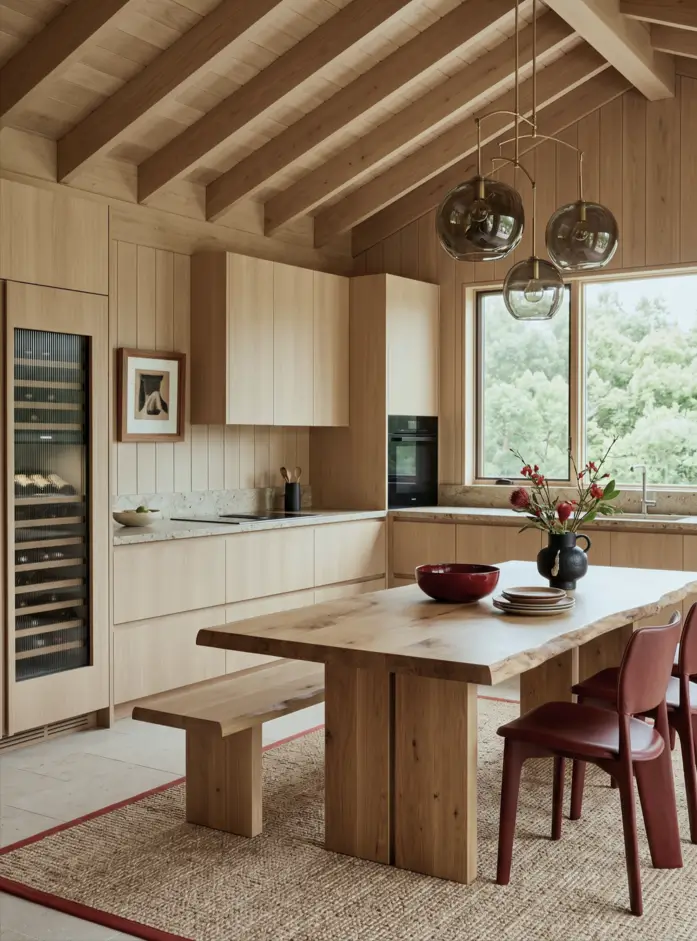 Japandi Kitchen: The Calm, Warm Look I Keep Coming Back To 25 Vaulted timber ceiling above pale oak cabinets, a live-edge table, and burgundy chairs
