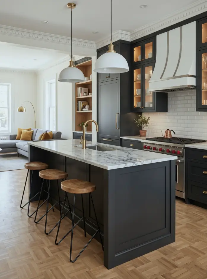 Victorian Kitchen Design: 40 Ideas a Designer Actually Loves 25 Open-plan modern Victorian kitchen with charcoal cabinets, Greek-key crown molding, curved banded range hood, and herringbone floor