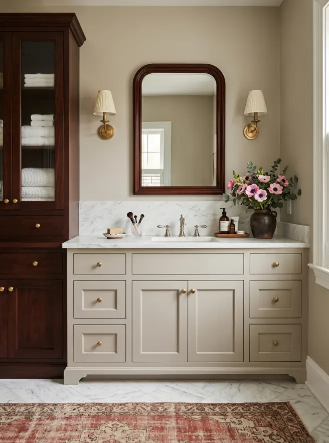 Colonial Interior Design Style: American vs. British (33 Real-Home Ideas) 25 American Colonial bathroom with mahogany linen cabinet, greige shaker vanity, marble counters, and arched mirror