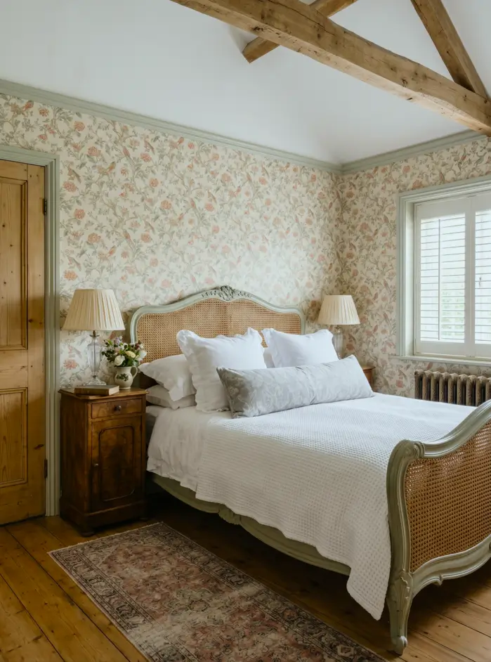 Victorian Style Bedroom: 30 Ideas for Romance Without the Heaviness 25 Victorian style bedroom with caned French bed, floral and bird wallpaper, antique walnut nightstand, and pleated silk lampshades