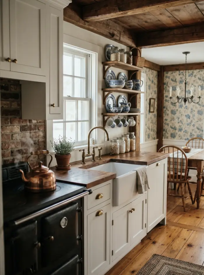 Colonial Style Kitchen: 26 Timeless Ideas, Cabinets & Designs 26 Colonial kitchen with open display shelving, blue-and-white china, butcher block counters, and exposed beams