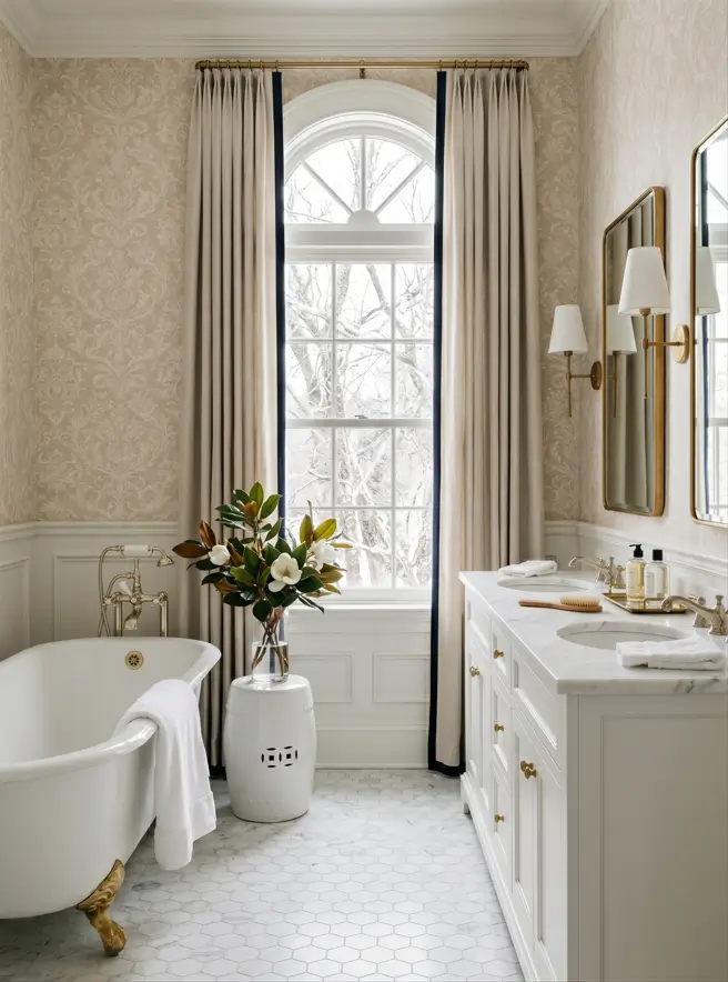 Colonial Interior Design Style: American vs. British (33 Real-Home Ideas) 26 American Colonial bathroom with damask wallpaper, clawfoot tub, arched Palladian window, and marble hex floor