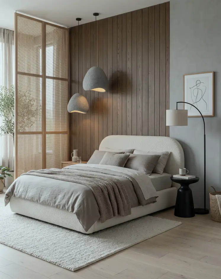 Japandi Style Bedroom: 33 Calm, Warm Ideas a Designer Loves 26 Japandi bedroom with walnut plank wall, caned room divider, curved boucle bed, and sculptural felt pendants