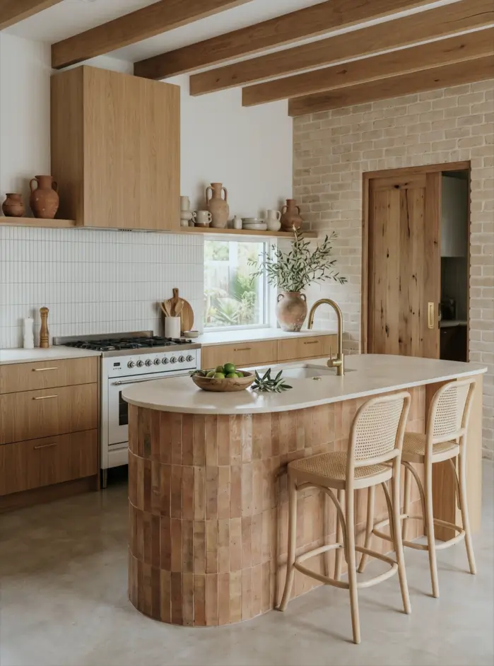 Japandi Kitchen: The Calm, Warm Look I Keep Coming Back To 26 Curved terracotta-tiled island with oak cabinets, stacked white tile, and cane stools