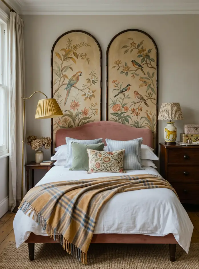 Victorian Style Bedroom: 30 Ideas for Romance Without the Heaviness 26 Modern Victorian style bedroom with painted chinoiserie bird-and-floral screens, pink velvet bed, and antique mahogany chest