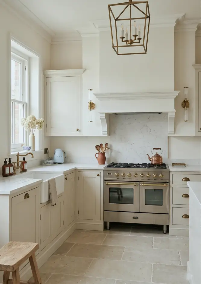 Victorian Kitchen Design: 40 Ideas a Designer Actually Loves 26 Pale modern Victorian kitchen with plastered chimney hood, cream shaker cabinets, brass cup pulls, farmhouse sink, and flagstone floor