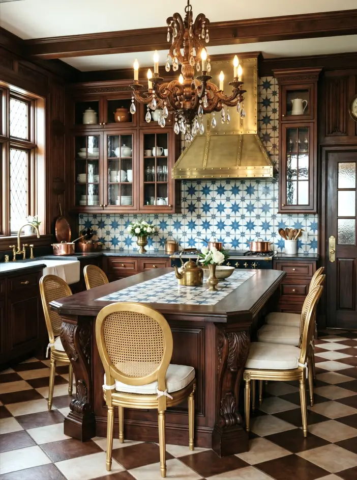 Colonial Style Kitchen: 26 Timeless Ideas, Cabinets & Designs 27 Formal colonial kitchen with a brass riveted hood, star-pattern blue tile, mahogany cabinets, and a checkerboard floor